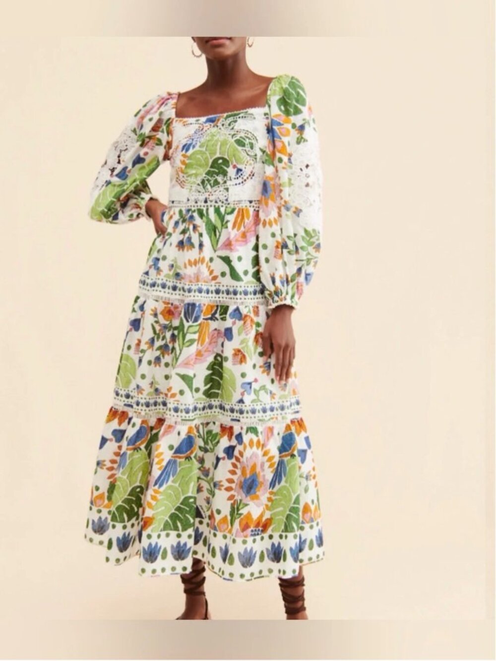 Farm Rio Garden Cotton Long crochet sleeve midi dress size XS